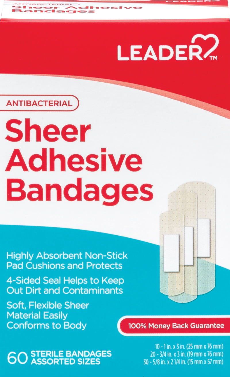 Sheer Adhesive Bandages | Antibacterial | 60 Sterile Bandages Assorted Sizes