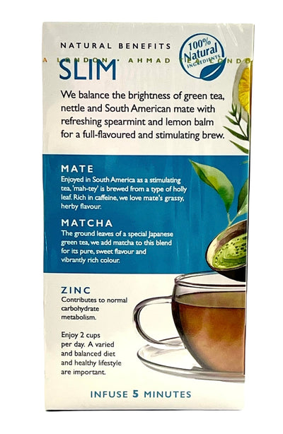 Ahmad Tea Slim | Lemon, Mate & Matcha Green Tea Flavor | + Zinc | 20 Bags