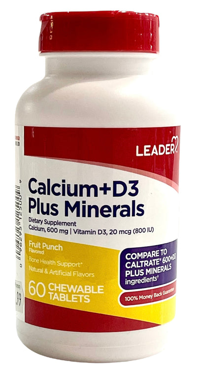 Calcium 600mg + D3 20mcg | Plus Minerals | 60 Fruit Punch Chewable Tablets