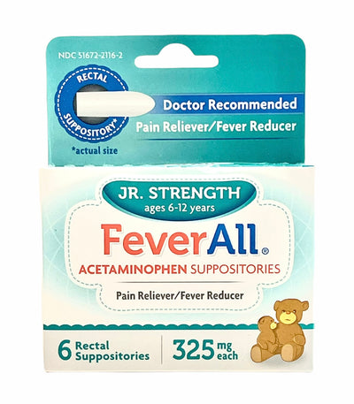 Fever All | JR. Strength 6-12 years | 6 Rectal Suppositories | 325mg each