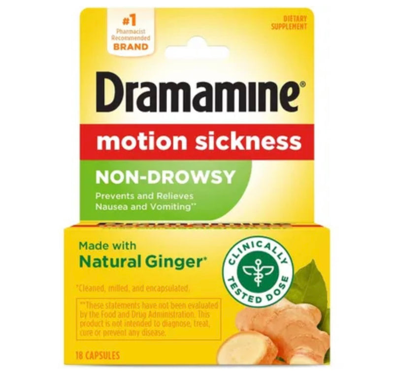 Motion Sickness Non- Drowsy | Made With Natural Ginger | 18 Capsules